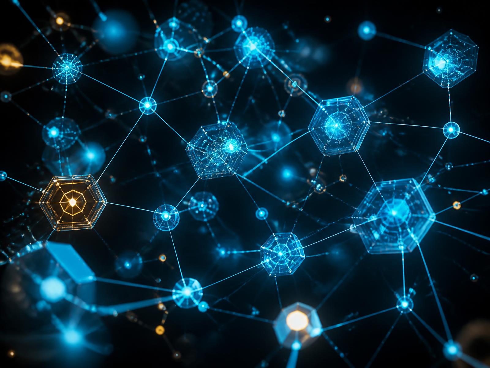 Network of glowing content atoms connected on a blockchain